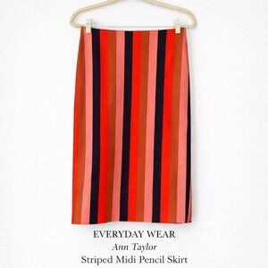 Ann Taylor Striped Midi Pencil Skirt Size 0 Pink Orange Navy Cotton Stretch